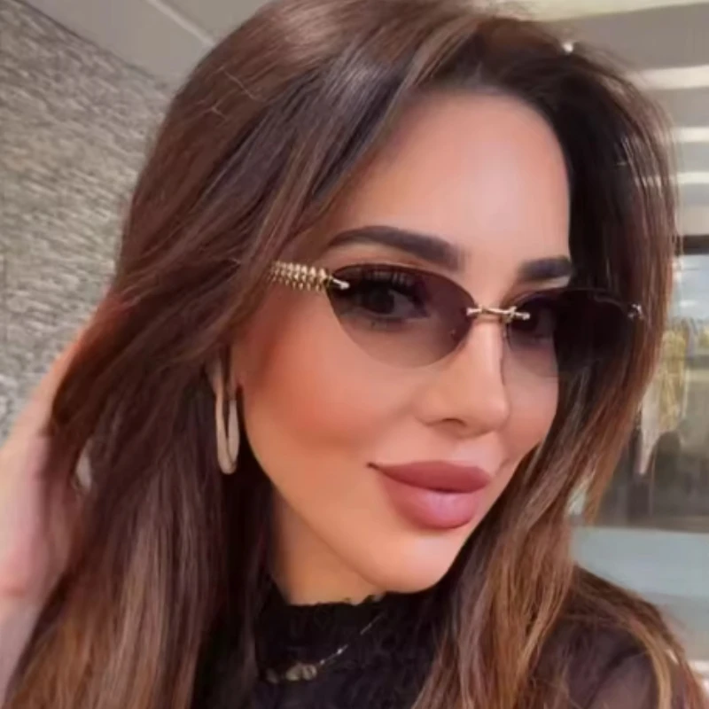 Katzenaugen-Sonnenbrille ohne Rand für Damen, Luxus-Modemarke, Ovale Schmale Sonnenbrillen, Trendige Elegante Einzigartige Eyewear – Detail 4