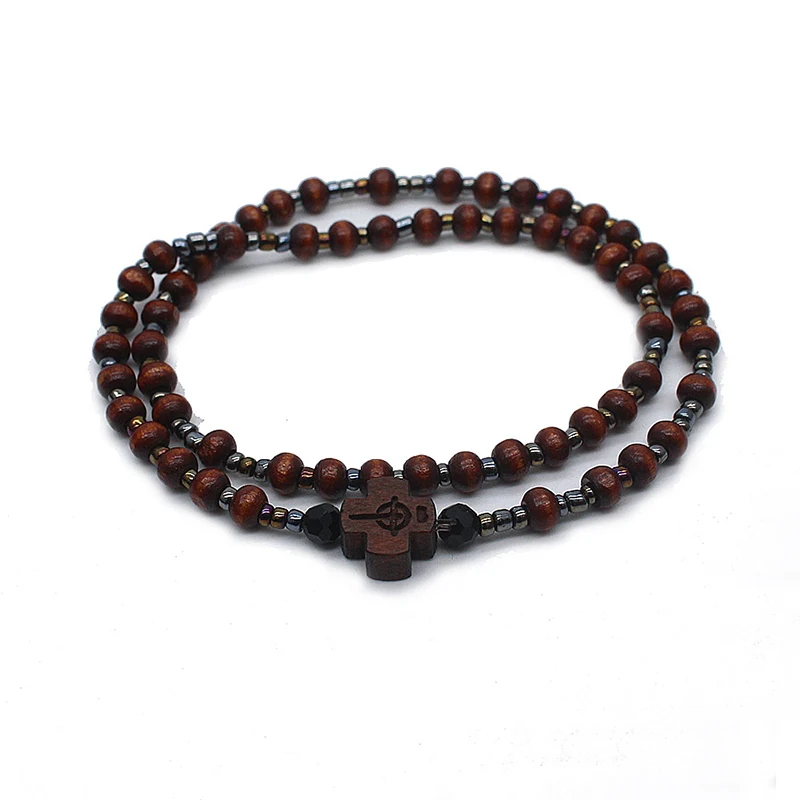 Unisex Vintage Bead Chain Handmade Wooden Cross Elastic Rope Multilayer Bracelet Rosary Christian Church Souvenir Jewelry Gift