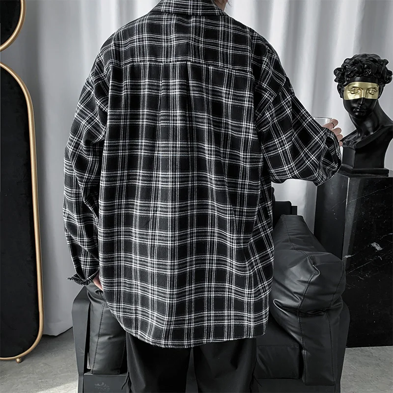 Men Shirts Oversized Cotton Plaid Shirt Button Up Hip Hop Long Sleeve Tops Korean Harajuku Mens Clothing Casual Vintage Ulzzang