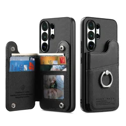 Luxury Leather RFID Wallet Holder Card Cover with Ring - Elegant Protective Phone Case - Galaxy S23 Ultra (Black)