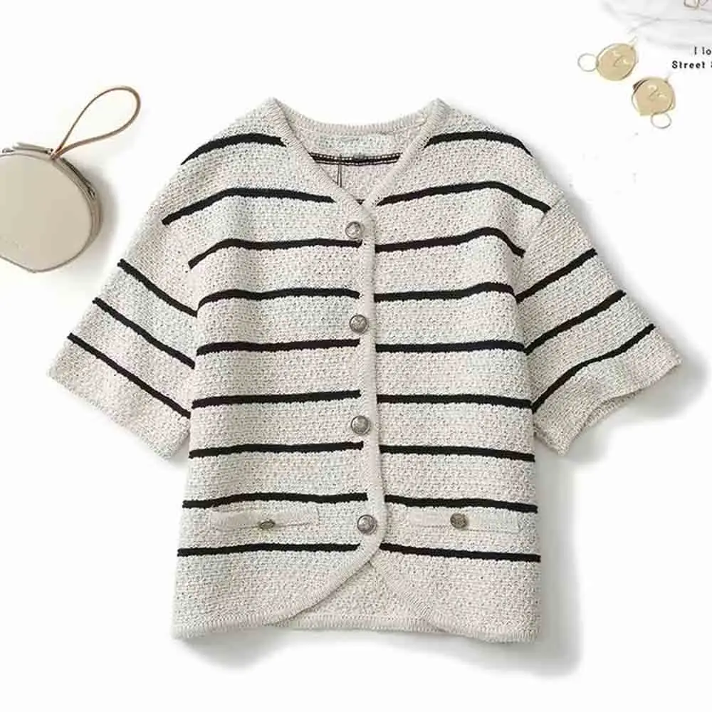 여성용 캐주얼 스트라이프 니트 반팔, 시크한 V넥 단추, 올매치 카디건 상의, 2024 용수철 신상 패션 