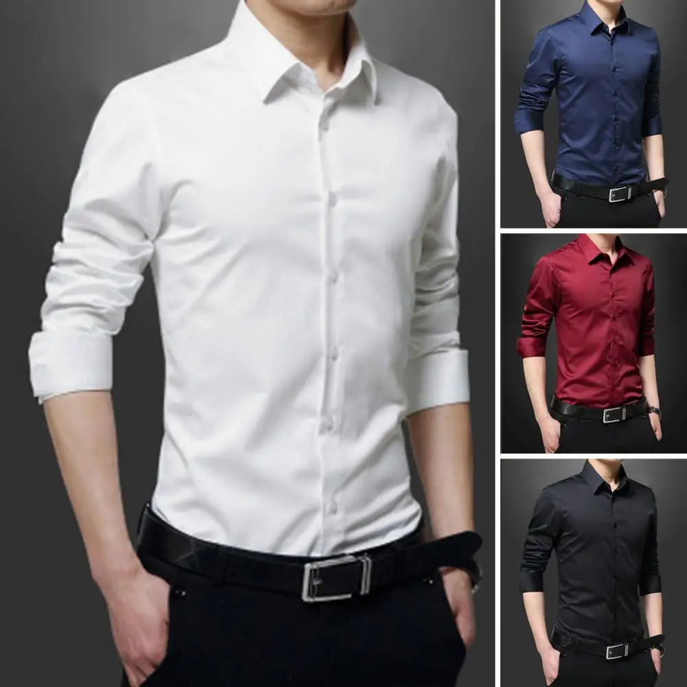 

Men Business Shirt Slim Fit Shirt Stylish Men's Wrinkle-resistant Business Shirt Slim Fit Lapel Collar Long Sleeve for Spring