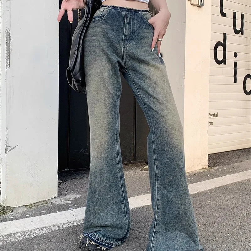 

Retro Women's Spring and Autumn Spliced High Waist Button Zipper Pocket Fashionable Loose Draping Wide Leg Ragged Edge Jeans