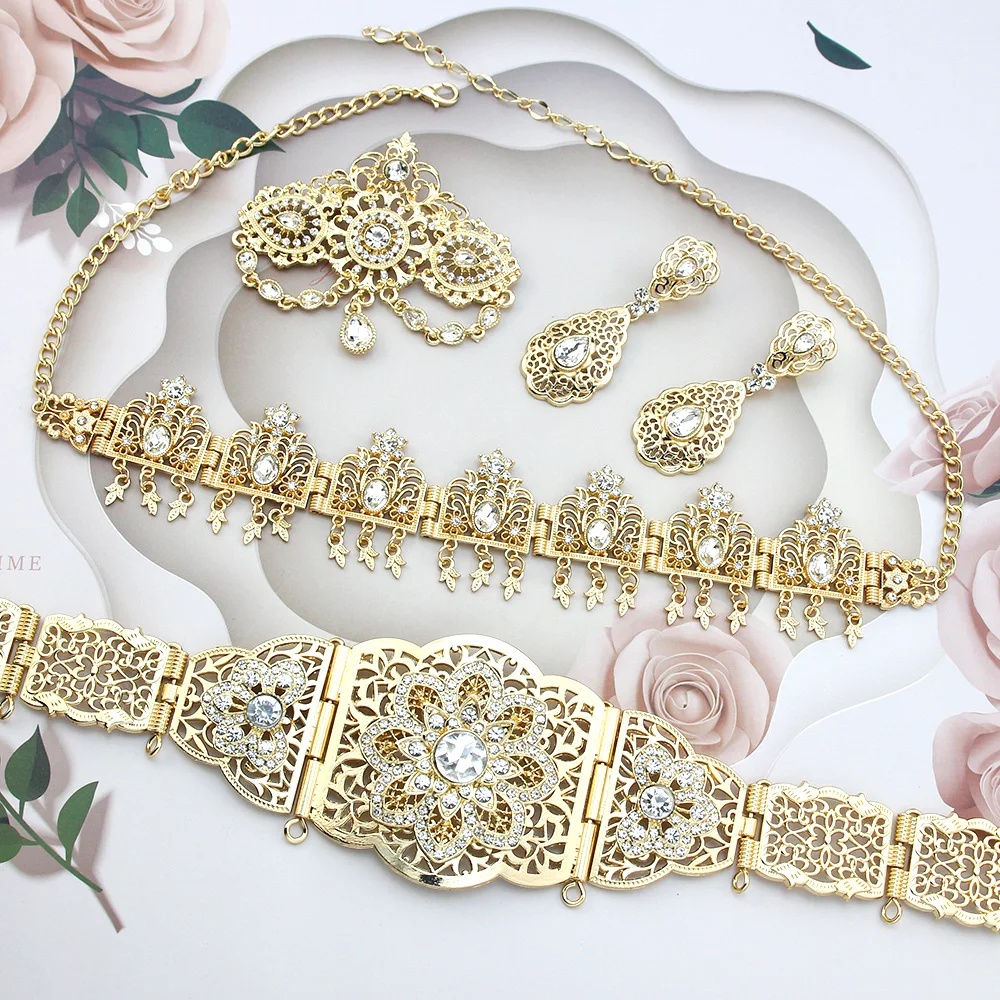 Sunspicems Chic Morocco Bride Jewelry Sets Gold Color Arabic Caftan Belt Brooch Earring Hairchain Wedding Bijoux bridal jewelry sets crystal jewelry sets hair chain jewelry