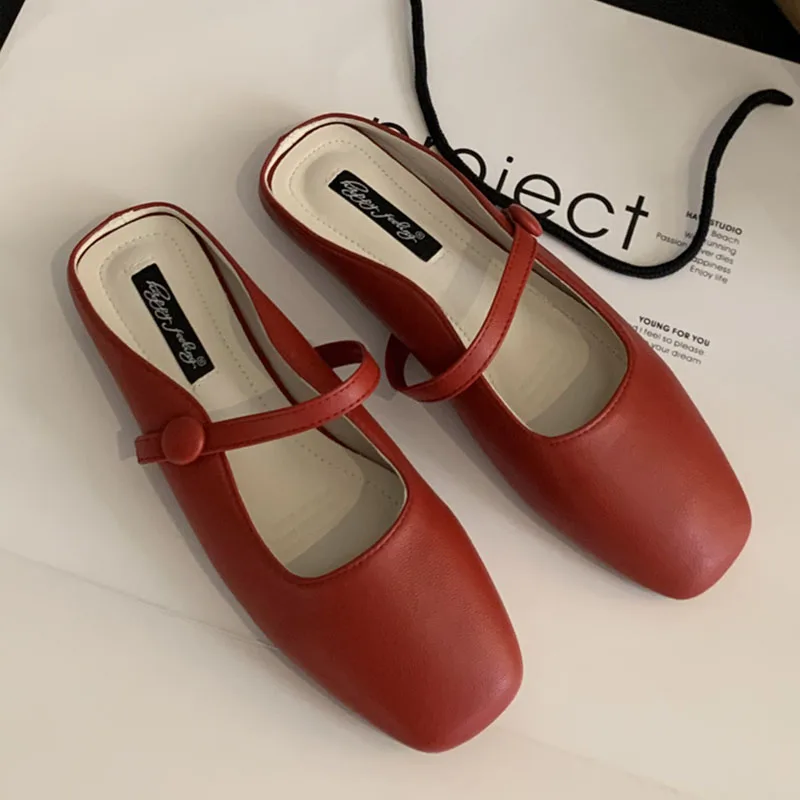 

New Brand Slippers Women Square Toe Slip On Mules Shoes Fashion Mary Janes Flats Heel Ladies Slides Female Spring Loafers Mujer