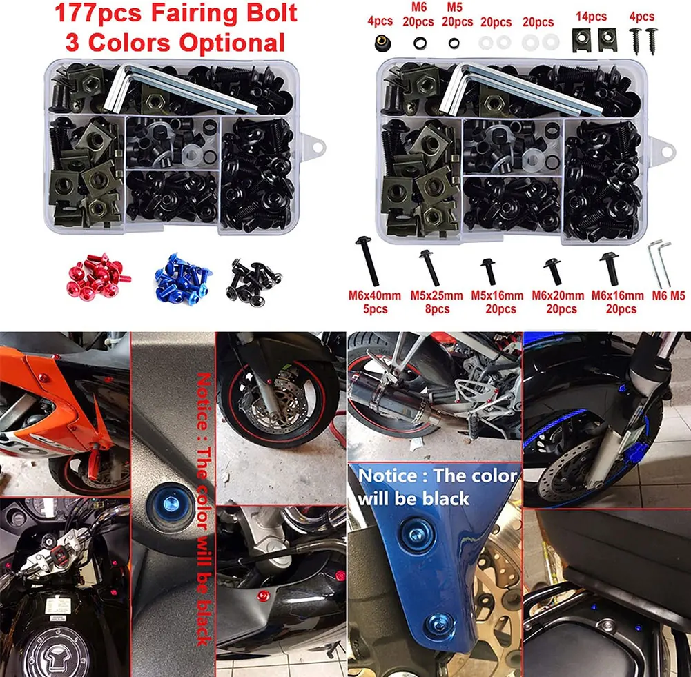 Screws Aluminum Windscreen Screws Colorful Fasteners Screws Set Motorcycle Fairing Bolt Kit Motorcycle Modified Parts 177pcs/Box