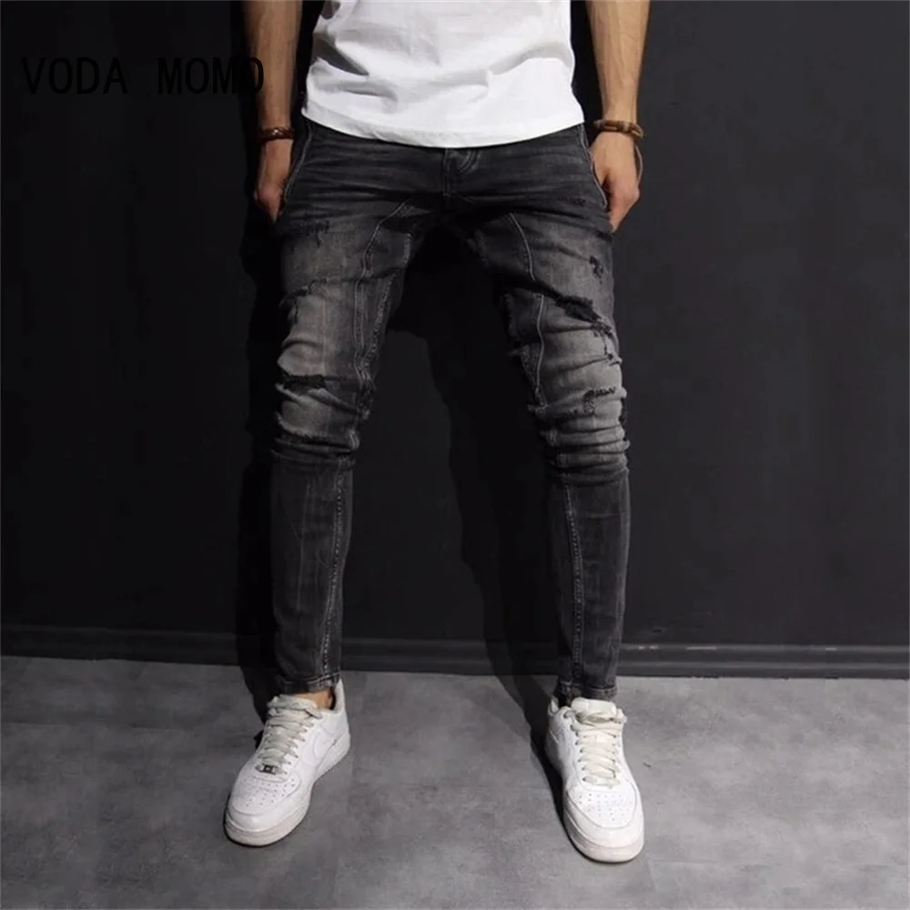 Men Stretchy Ripped Skinny Biker Embroidery Cartoon Print Jeans Destroyed Hole Slim Fit Denim High Quality Hip Hop Black Jeans