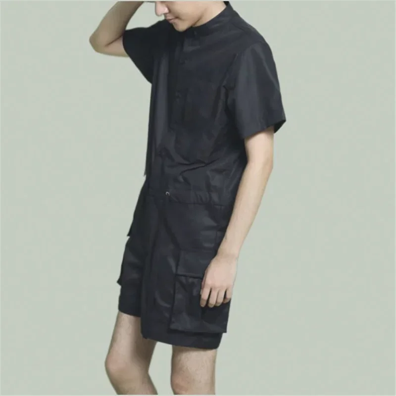 S~6XL/New large size men's fashion casual short sleeve jumpsuit handsome straight hip jumpsuit loose cargo five-part jumpsuit