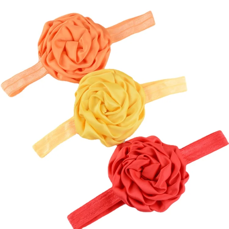 

FBE CDG Girls Headwear In Stock 8cm Satin Rose Fabric Buds Elasticated Stretch Children Headband Hairband