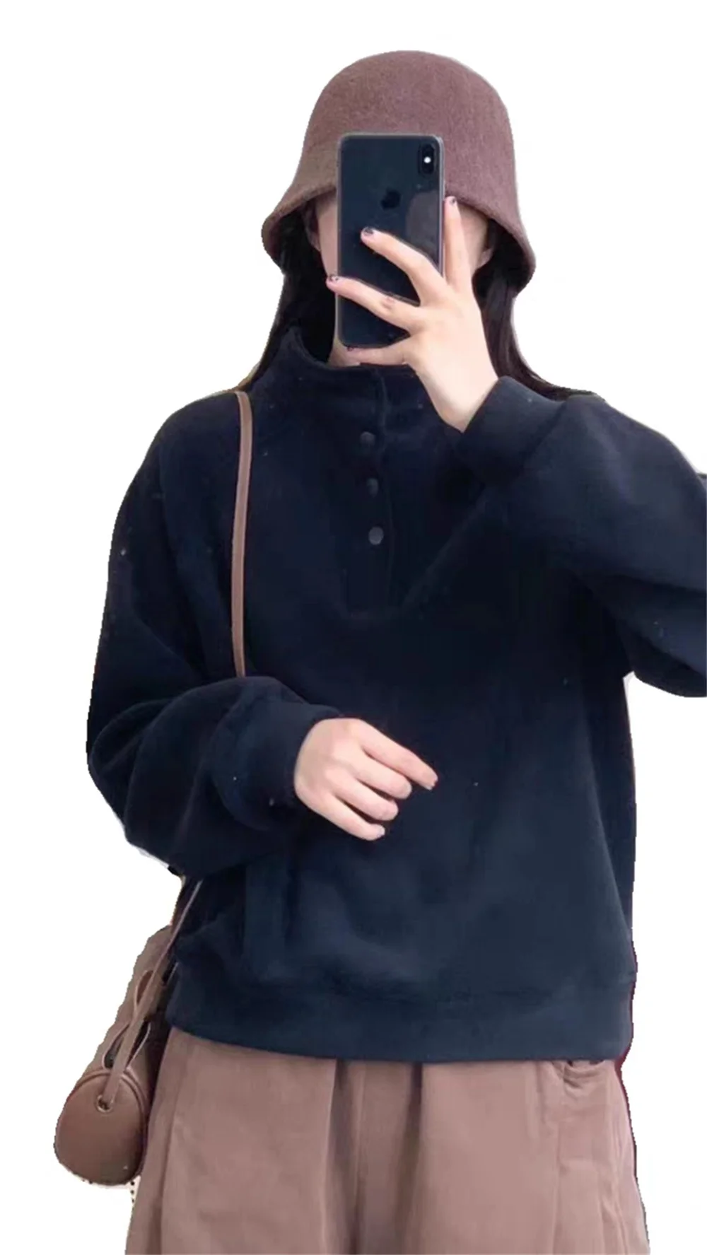 Literary Retro Casual Style Raglan Sleeves With Multiple Buttons, Solid Color, Thickened And Loose, Versatile Fashion Hoodie
