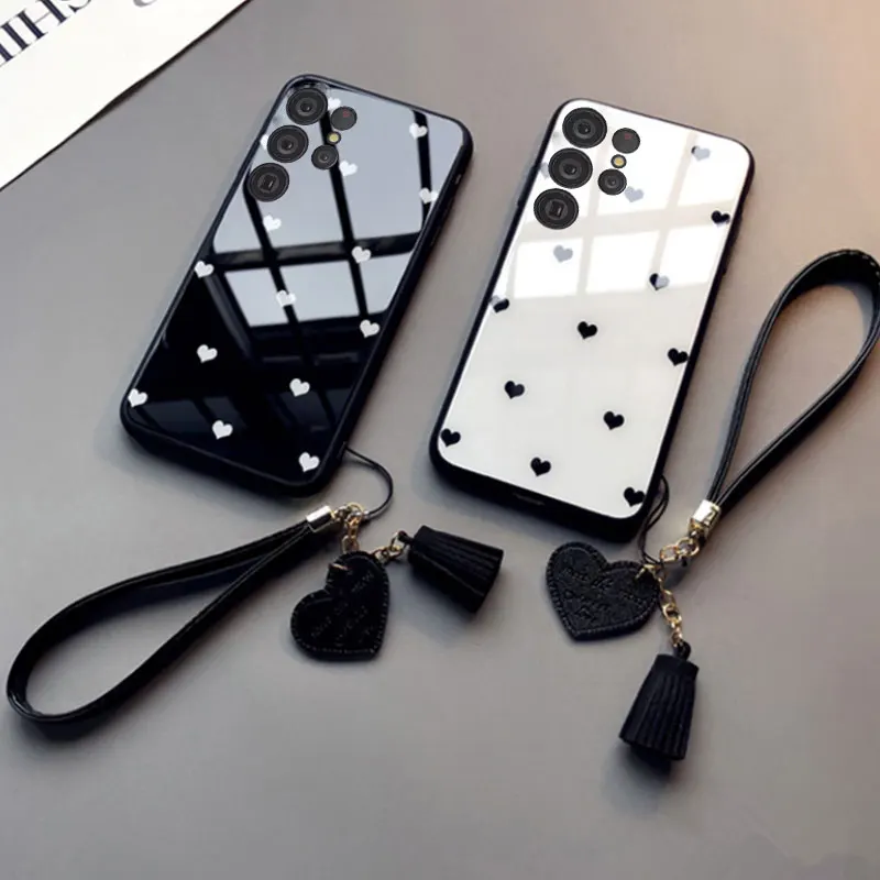 Tempered Glass Love Heart Phone Case with Hard Back Cover and Lanyard