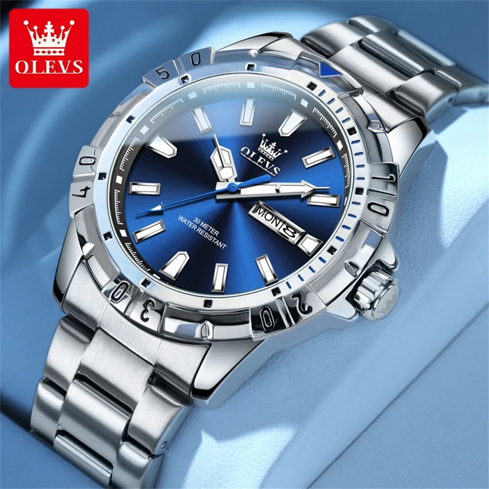 

OLEVS Men's Watches Stainless Steel Date Week Double Calendar Dial Waterproof HD Luminous Fashion Man Business Quartz Wristwatch