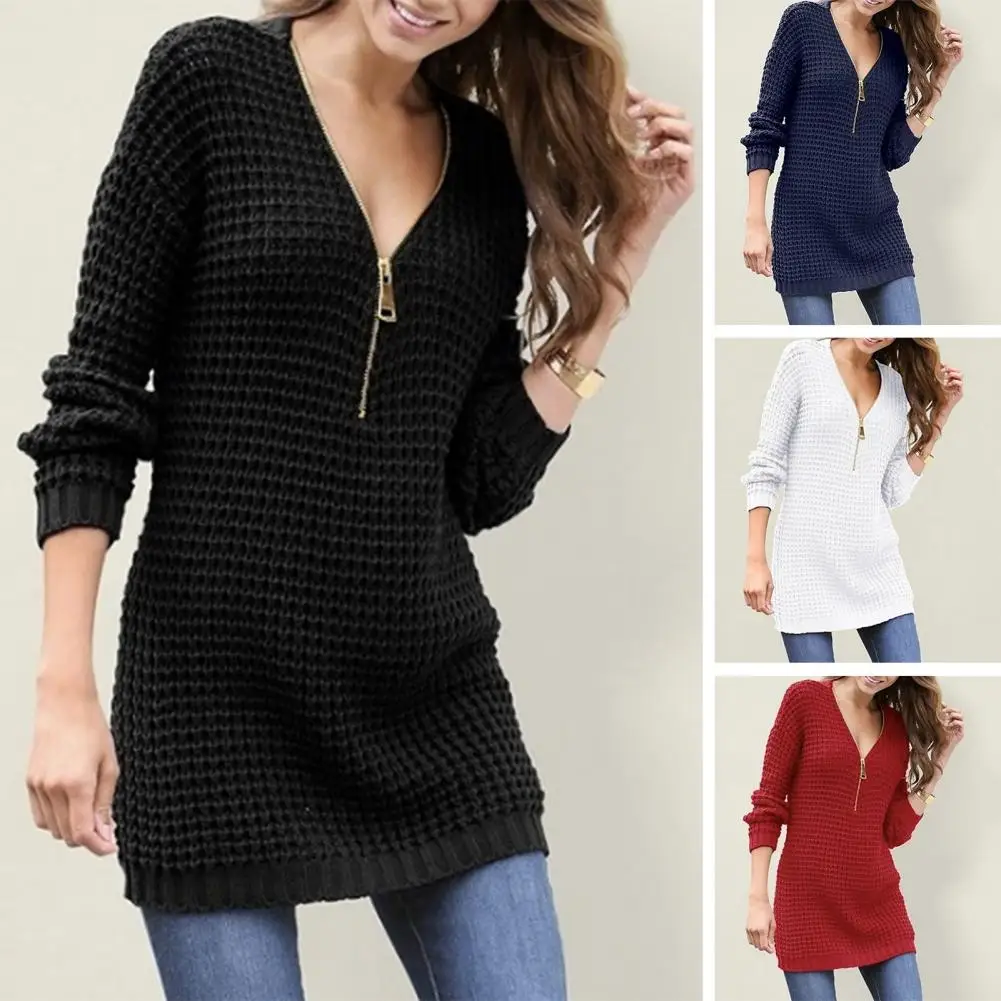

Women Sweater Chic Lady Knitted Sweater Dress Slim Fit V Neck Soft Pullover Stylish Mid Length Commute Style for Women