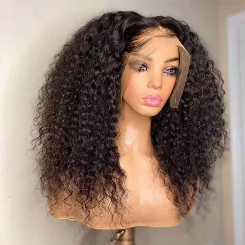 

Natural Black Preplucked Soft 26 Inch Long 180% Density Glueless Kinky Curly Lace Front Wig With BabyHair Heat Temperature Daily