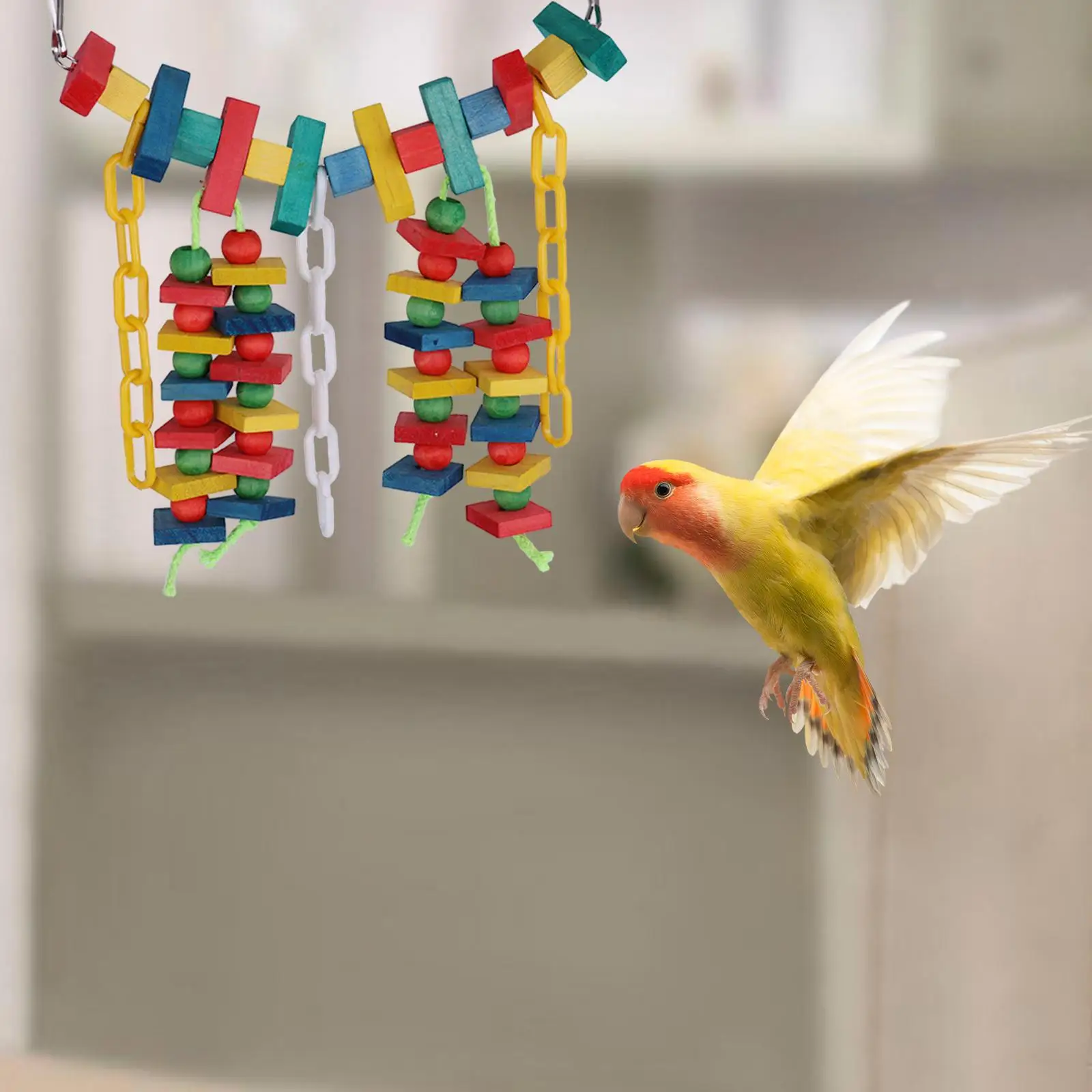 Multicolored Wooden Blocks Parrot Cage Bite Toy for Large Medium Birds