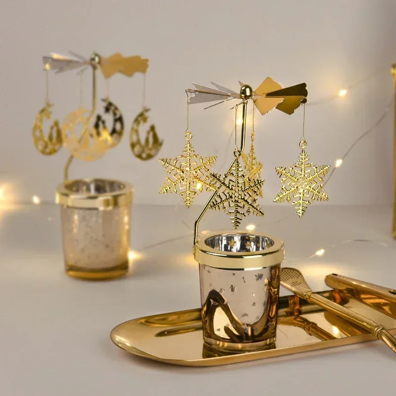 Rotating Candle Stick Holder Gold Candlestick Romantic Valentine's Gift Party Room Decor Carousel Candle Stand Home Ornaments candle holders