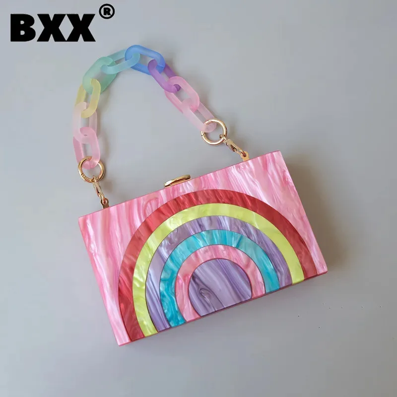 

[BXX] Rainbow Stripes Women's Acrylic Handbag Contrast Color Chic One Shoulder Crossbody Bag 2023 New Tide Dinner Bags 8CY1200