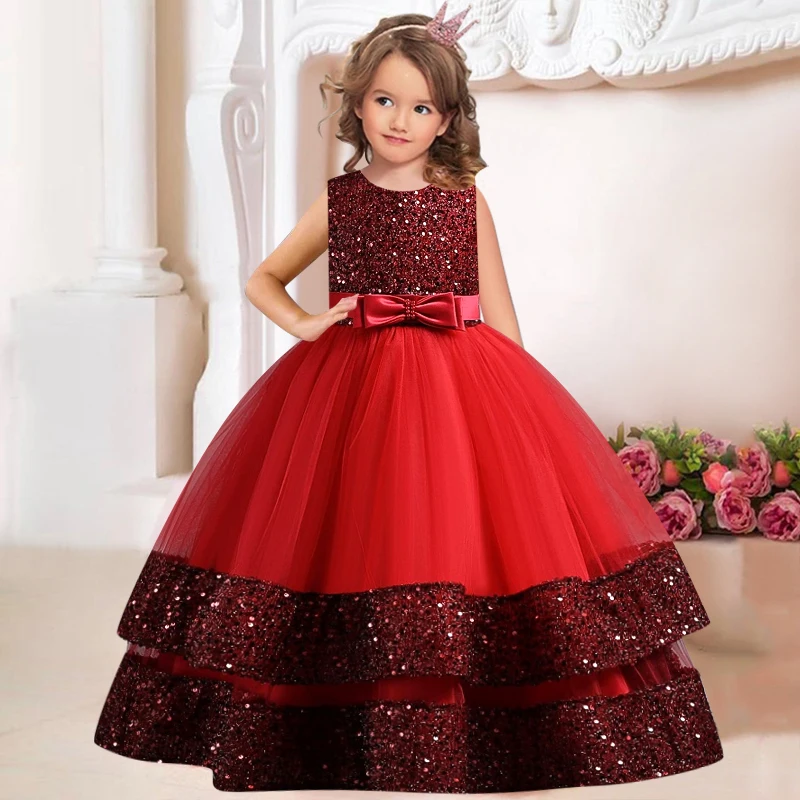 Children's Sequins Bowknot Princess Dress Girls' Fashion Pearl Cake Long Dress Christmas Banquet Host Show Dress