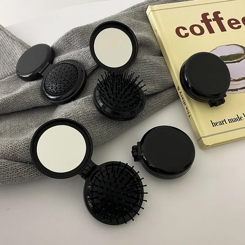 Portable Black Mini Folding Hair Brush and Head Massager - Anti-static Styling Accessory