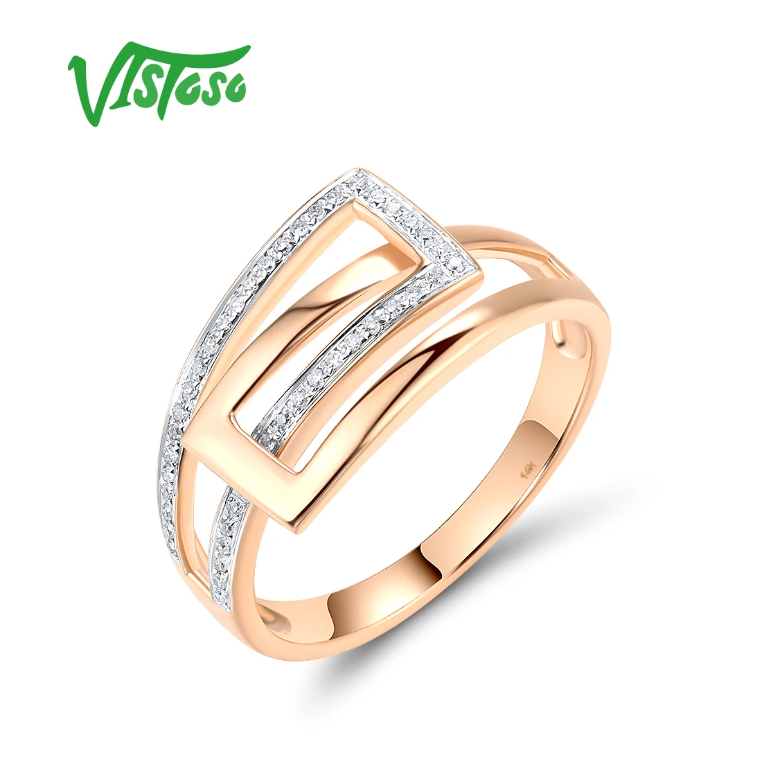 

VISTOSO Genuine 14K 585 Rose Gold Ring For Women Sparkling Diamonds Simple Daily Wearring Gifts Chic Fine Jewelry