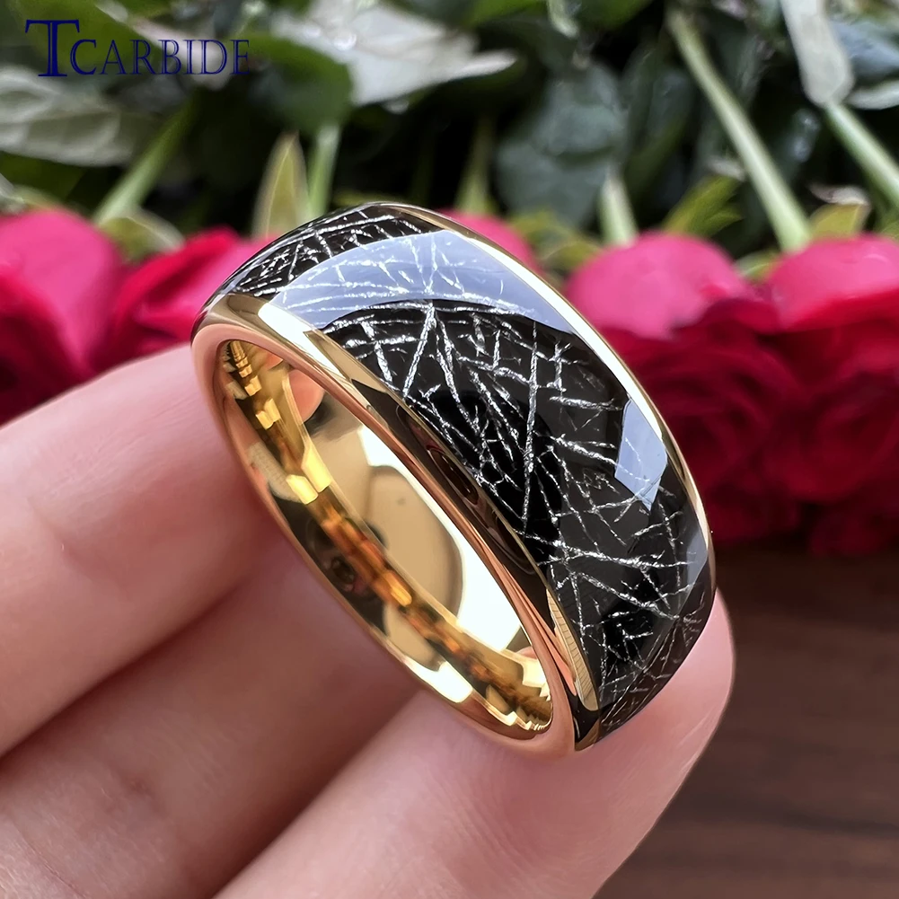 Mens Wedding Band 4mm, 6mm 8mm Dome Polished Meteorite Inlay