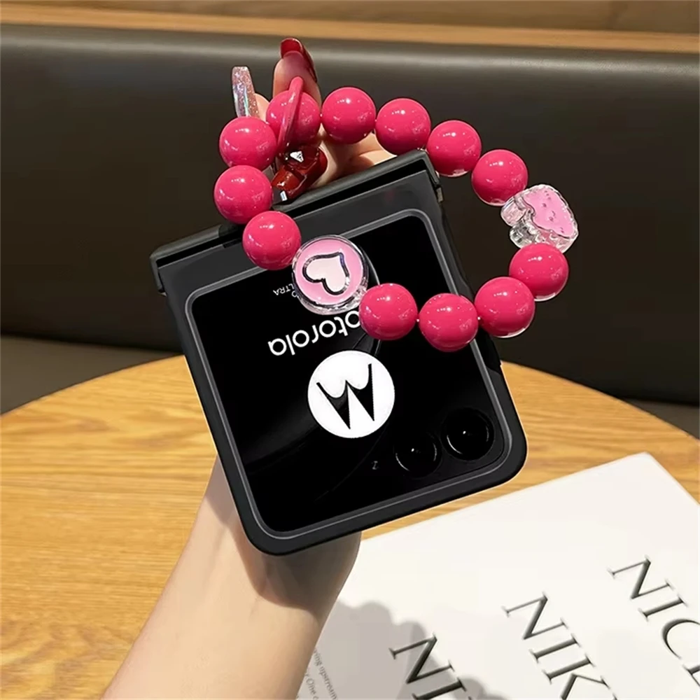 Cute Pink Beaded Bracelet Strap Love Phone Case - Hinge Protective Cover
