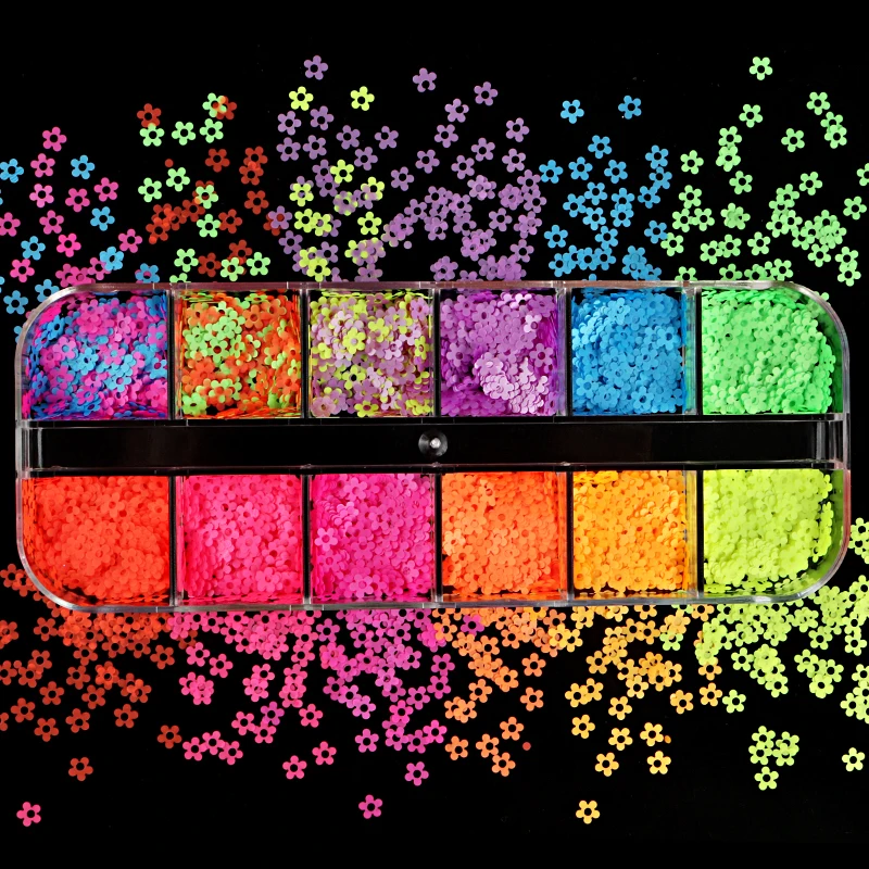 

4MM Neon Hollow Flower Colorful Nail Sequins Fluorescence Glitter Flakes Set For Manicure DIY Summer Polish Nail Art Decorations