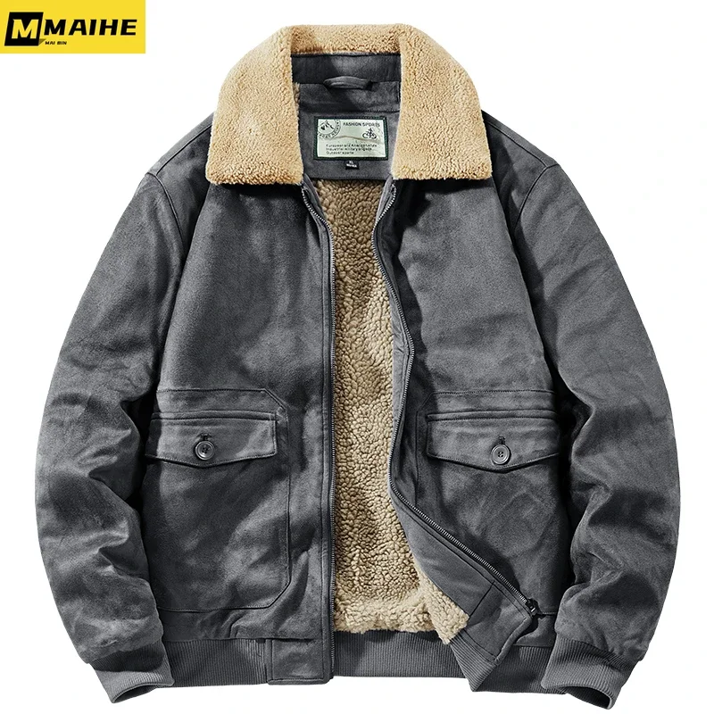 2023 New men's Winter jacket lapel Tactical buckskin wool Thermal Bomber Jacket Casual men's green vintage army green hunting co
