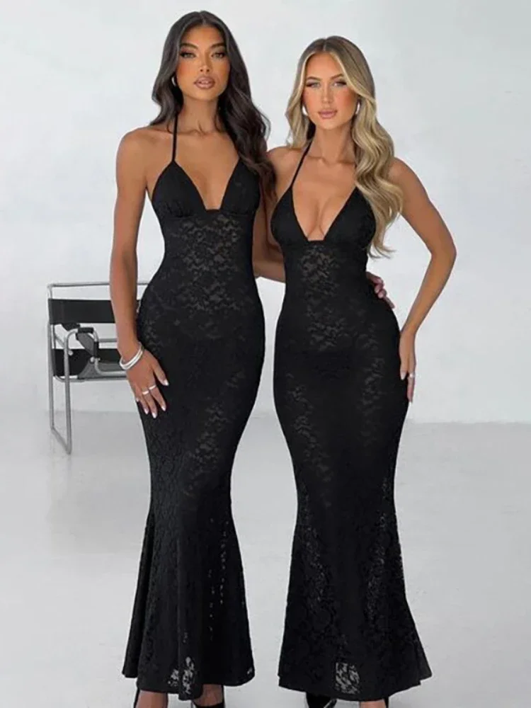 

Laxsesu Backless Sexy Maxi Dress Black Sleeveless See Through Bodycon Halter Dress Elegant Party Evening Dresses for Women 2023