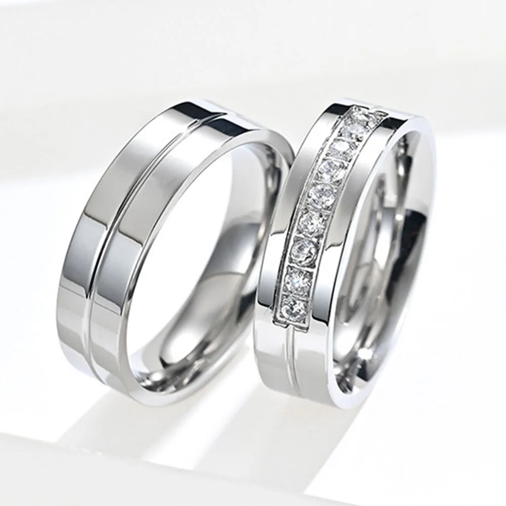 Stainless Steel Set Drill Wedding Couple Rings for Women Men Lover Anniversary Jewelry Gifts 2