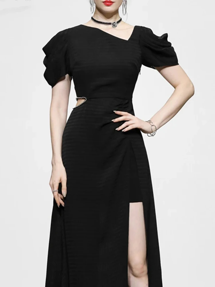 

Jielur Elegant Beading Hollow Out Waist Diagonal Collar Slim Dress Women Summer Fashion Bodycon Split Midi Party Vestidos Lady