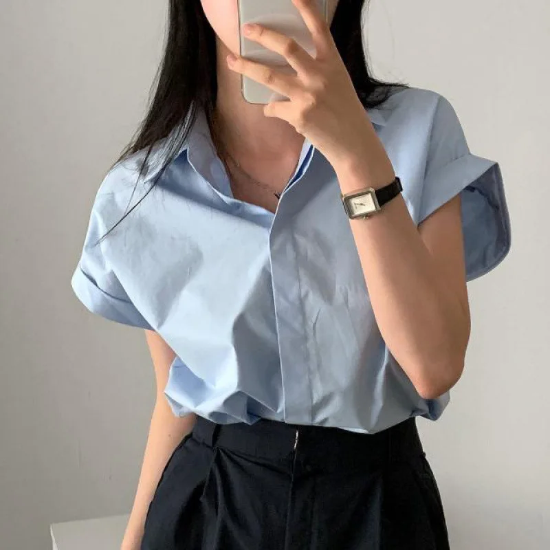 여성용 캐주얼 V넥 솔리드 셔츠 블라우스, 오피스 레이디 용수철, 우아한 반팔 슬림 셔츠, 화이트 탑, 여름 패션, 2024