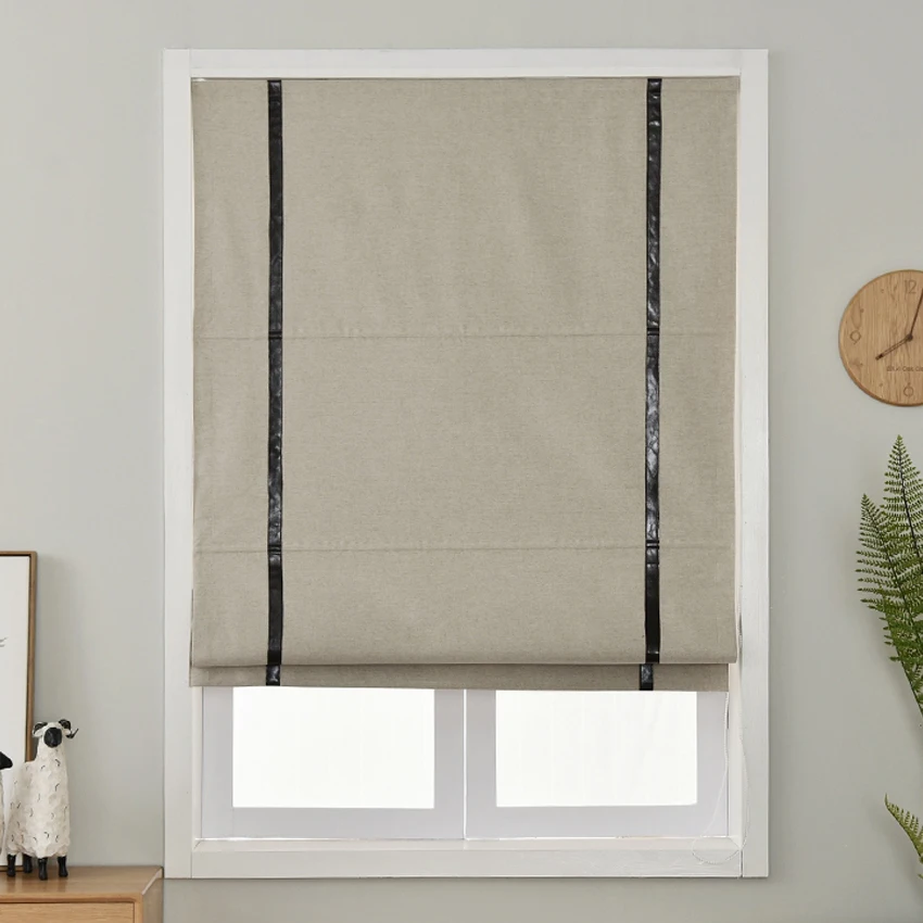 

Motorized/Cord Flat Roman Shades With Black Leather Trims With Hardware Included Custom Window Curtains For Living Room