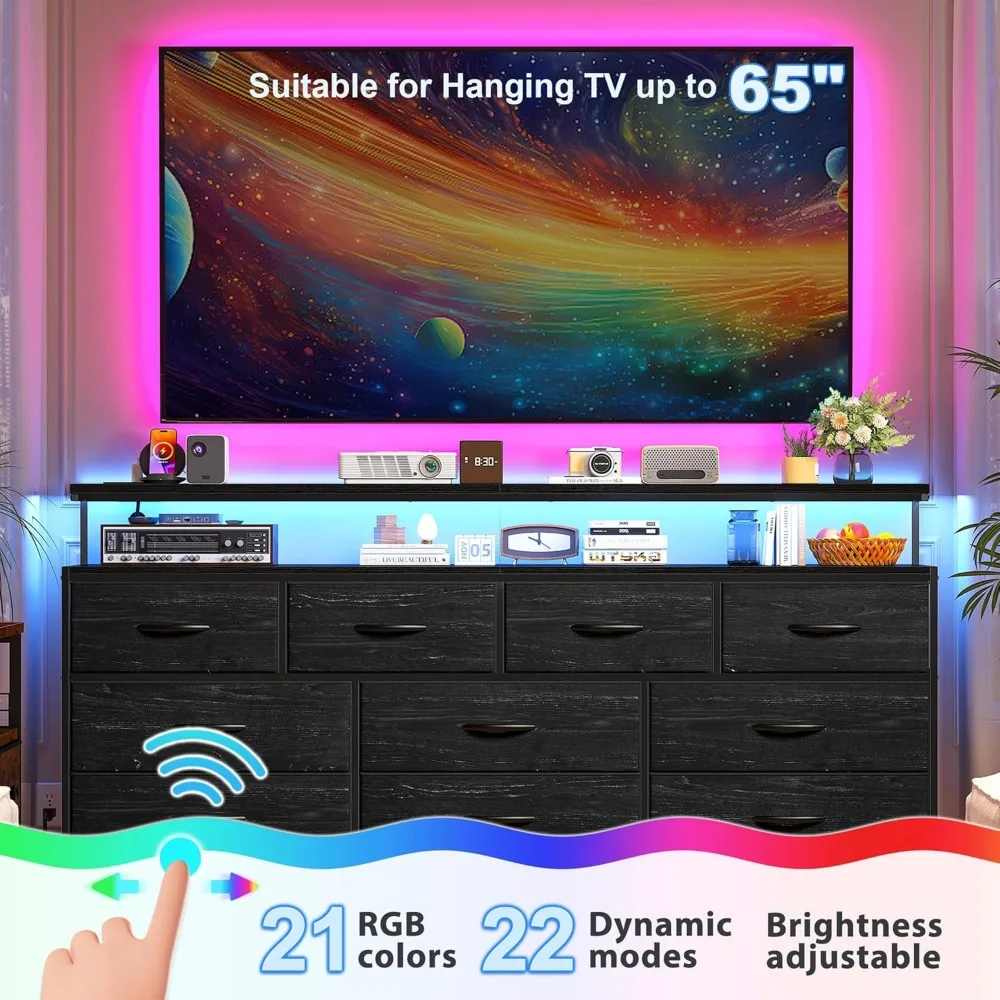 55" W Dresser for Bedroom with 10 Drawers Long Dresser with LED Lights & Power Outlets Wide Dressers Bedroom Dresser Metal Frame 5