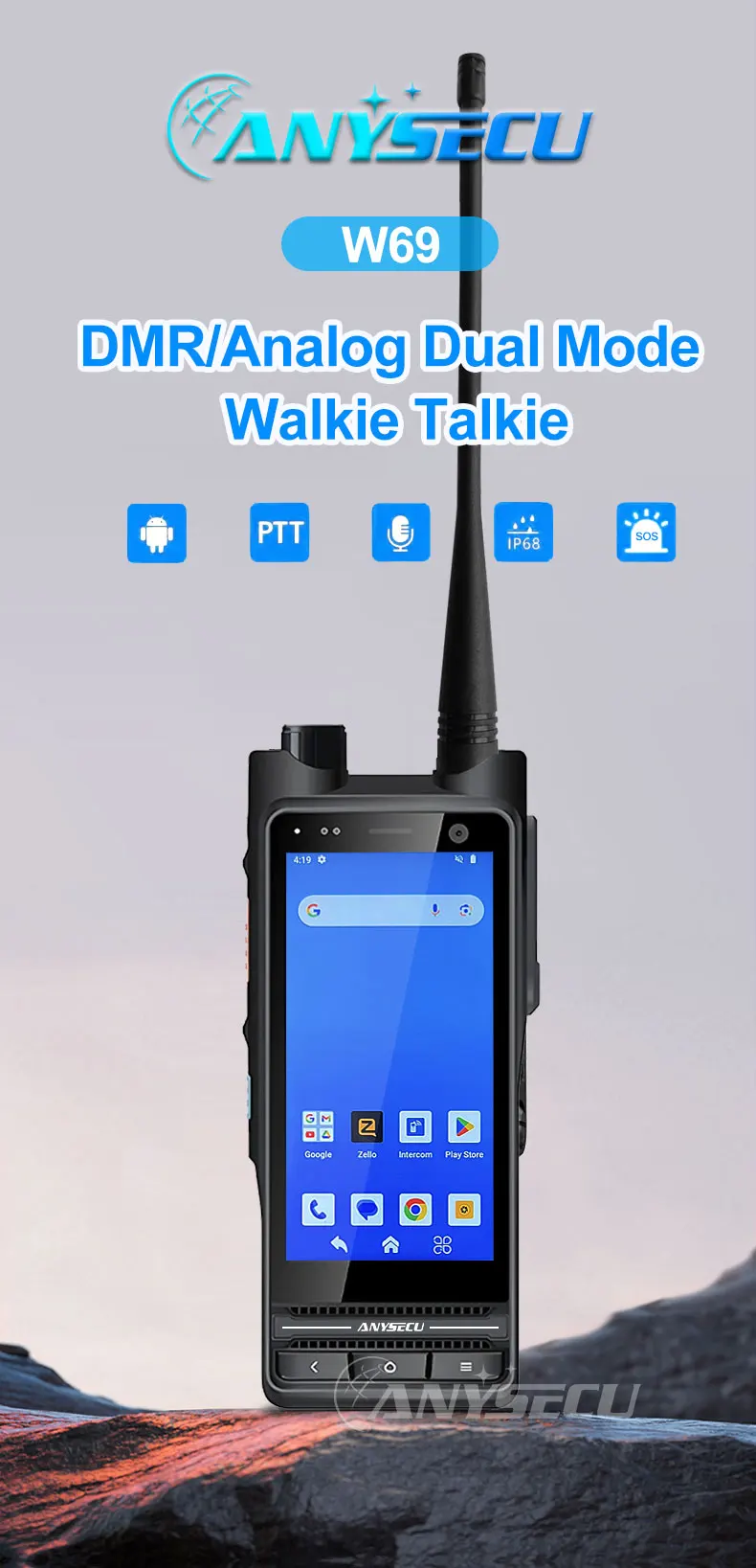 W69 Andriod 14 4G Network Radio With NFC WIFI GPS Work with ZELLO Real-ptt IP68