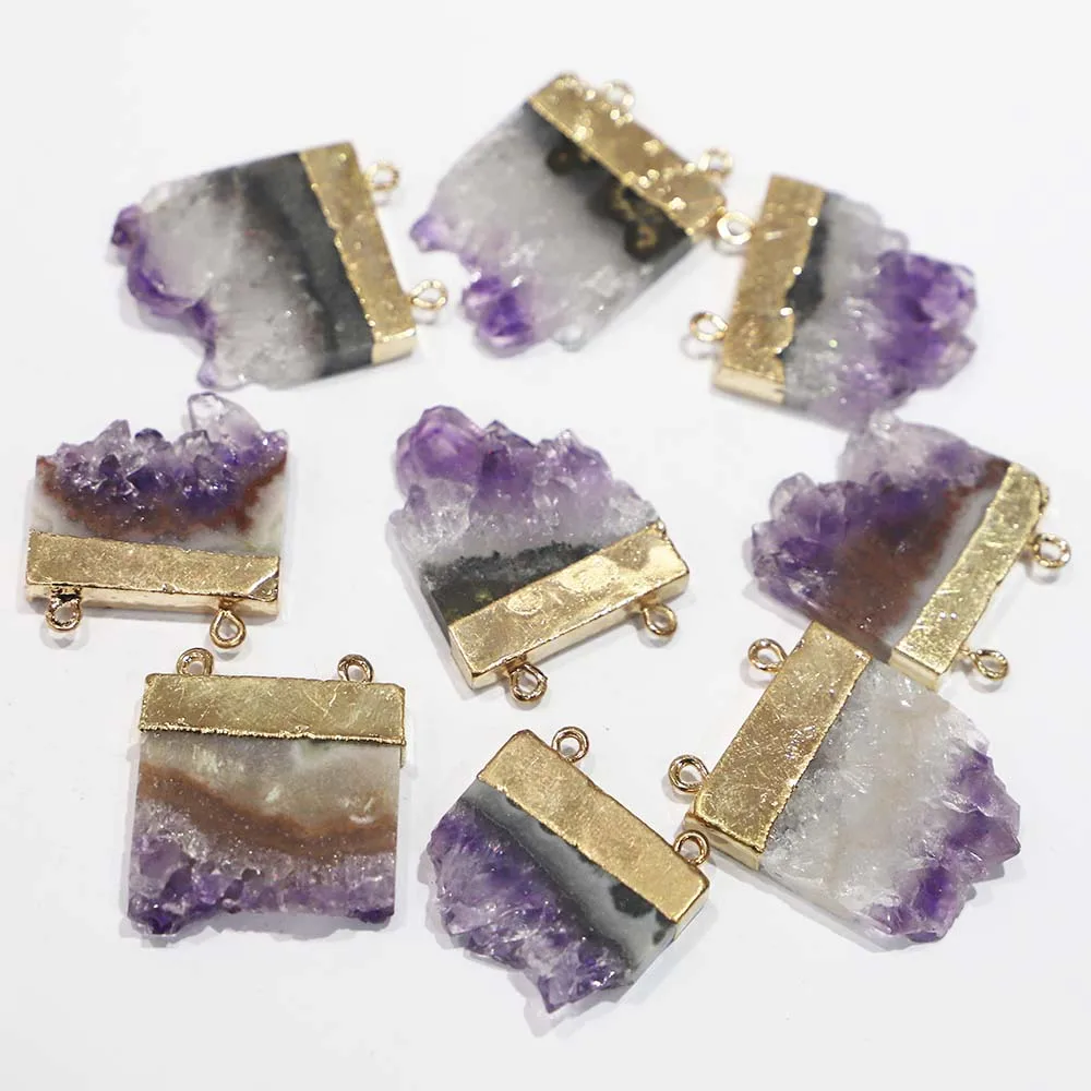 Natural Stone Uruguay Amethyst Irregular Pendants Double Buckle Phnom Penh Necklaces Energy Healing Chakra Halo DIY Jewelry 4Pcs