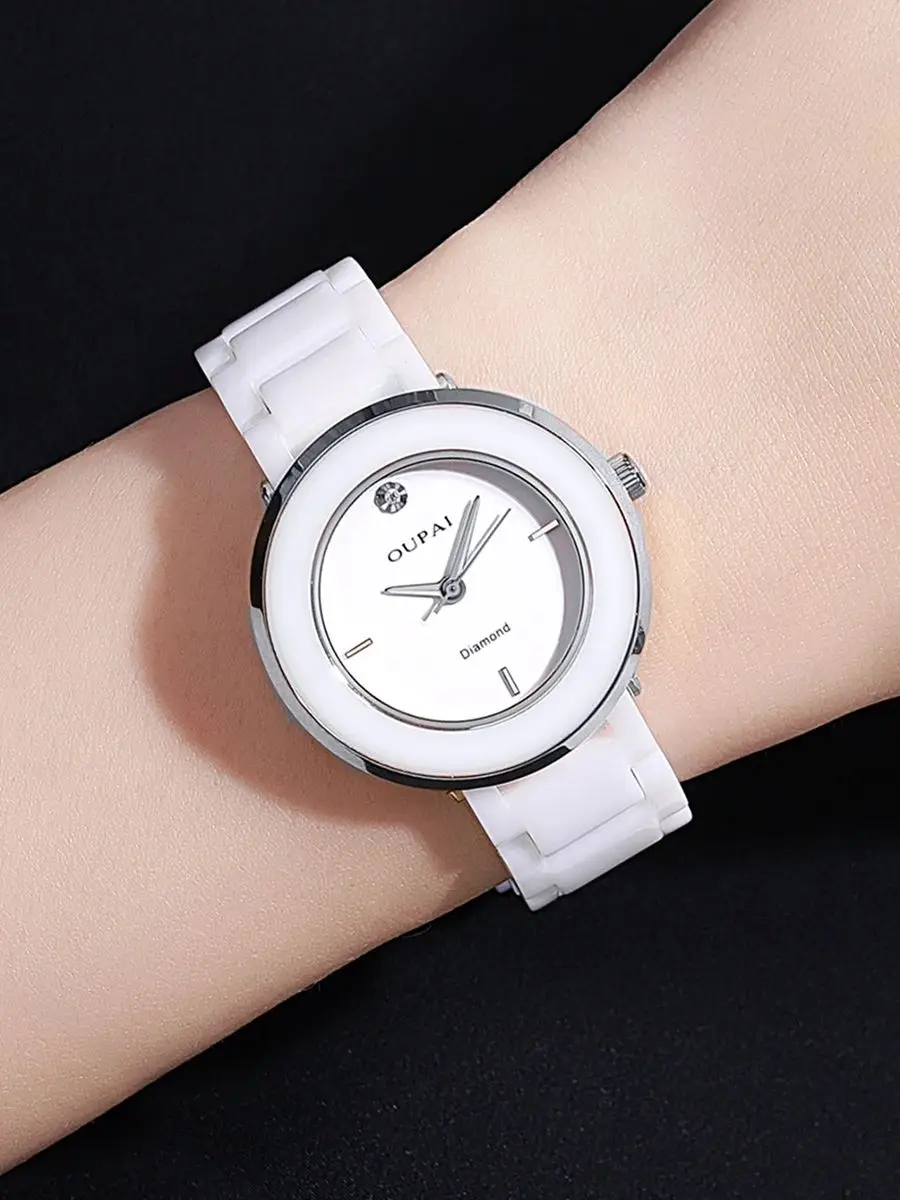 ساعة Oupai ذات شكل دائري أنيق بحزام سيراميك أبيض ط...