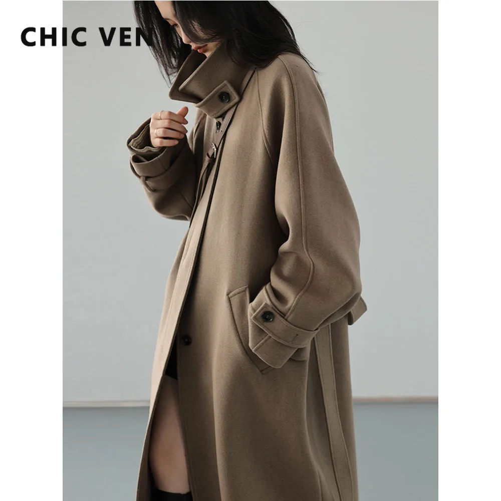 

CHIC VEN Women Long Trencn Coat Standing Belt Lace Up Woolen Coat Raglan Sleeves Long Overcoat Office Lady Autumn Winter 2023