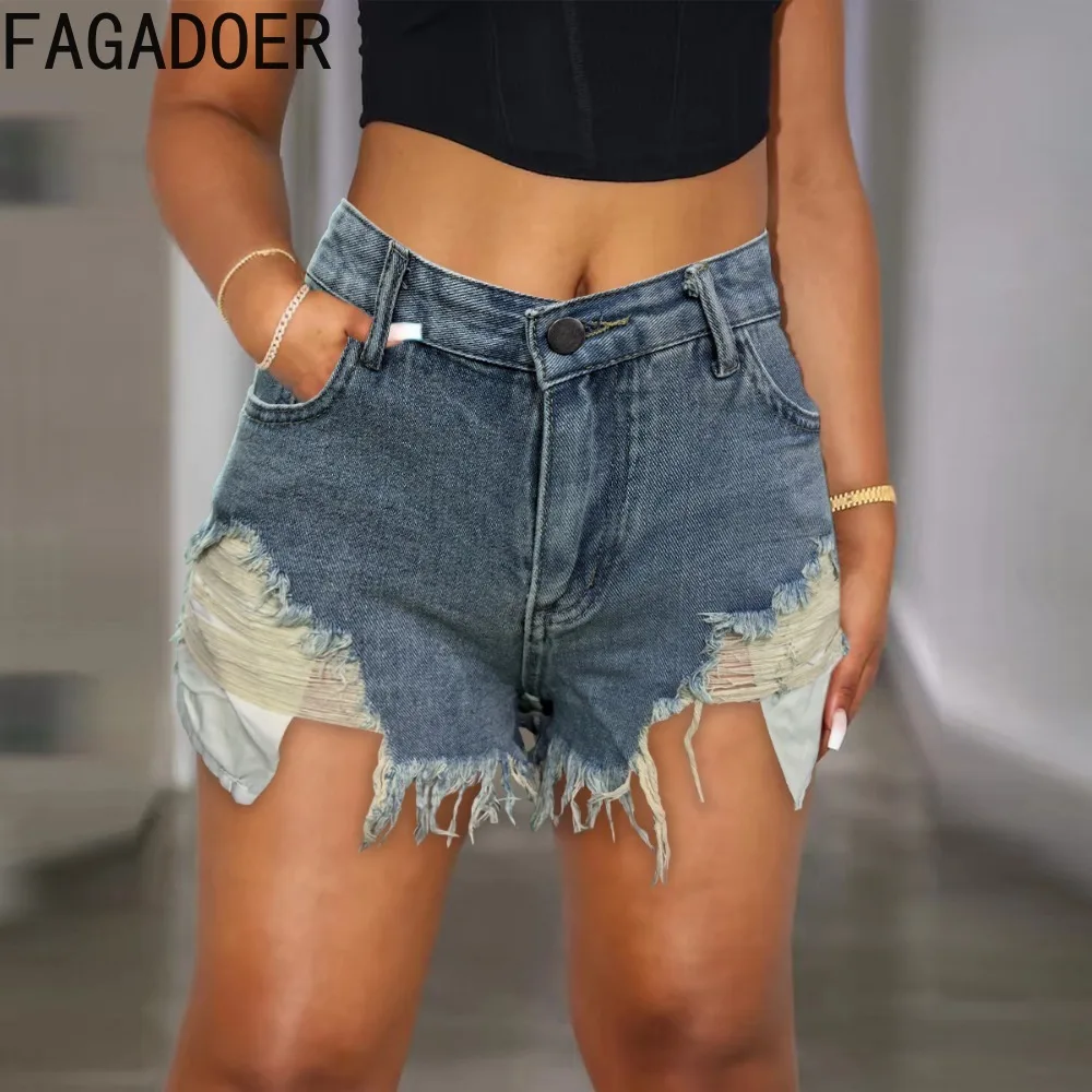 FAGADOER Dark Blue Summer New Denim Hole Tassels Shorts Women High Waisted Button Pocket Jean Fashion Matching Cowboy Bottoms