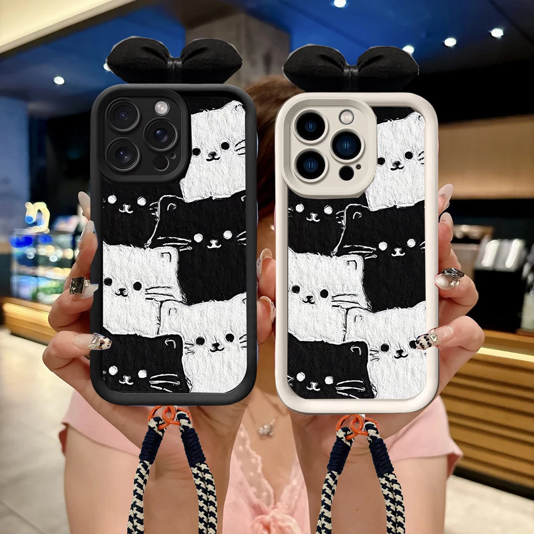Cat Print Phone Case with Hang Lanyard Cover
