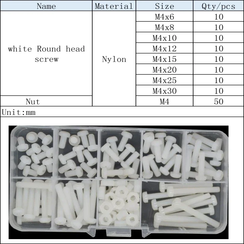 M2 M2.5 M3 M4 M5 M6 White Nylon Phillipis Bolt and Nut Set Plastic Machine Screw Cross Round Head Screw Classification Box Kit
