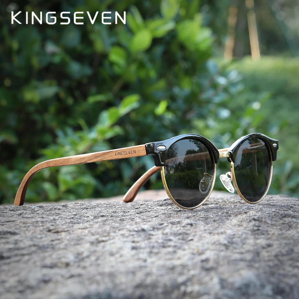 

KINGSEVEN Handmade High Quality Black Walnut Wood Sunglasses Men Women Polarized Mirror Sun Glasses Male UV400 Shades Oculos