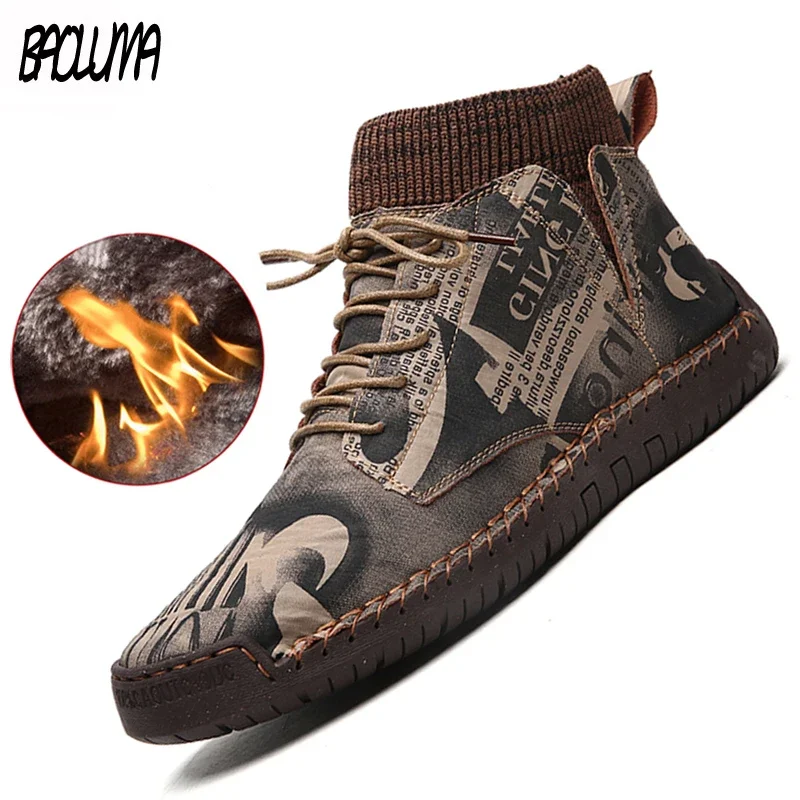 Winter Men's Boots Thick Plush Warm Men's Snow Boots Suede Ankle Handmade Winter Outdoor Shoes