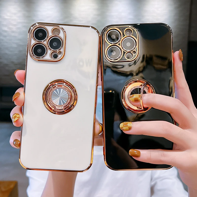 

Luxury Plating Magnetic Soft Case For iPhone 14 13 12 11 Pro Max XS XR X 7 8 Plus iPhone13 iPhone14 14Pro Cover With Ring Holder