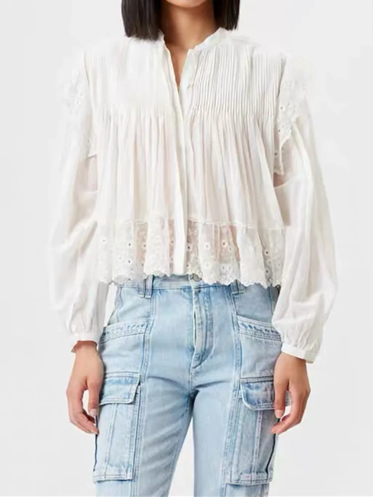 

2023 Spring White or Black O-Neck Women Blouse Lace Stitching Fashion Temperament Top Lady Lantern Sleeve Pleated Shirt