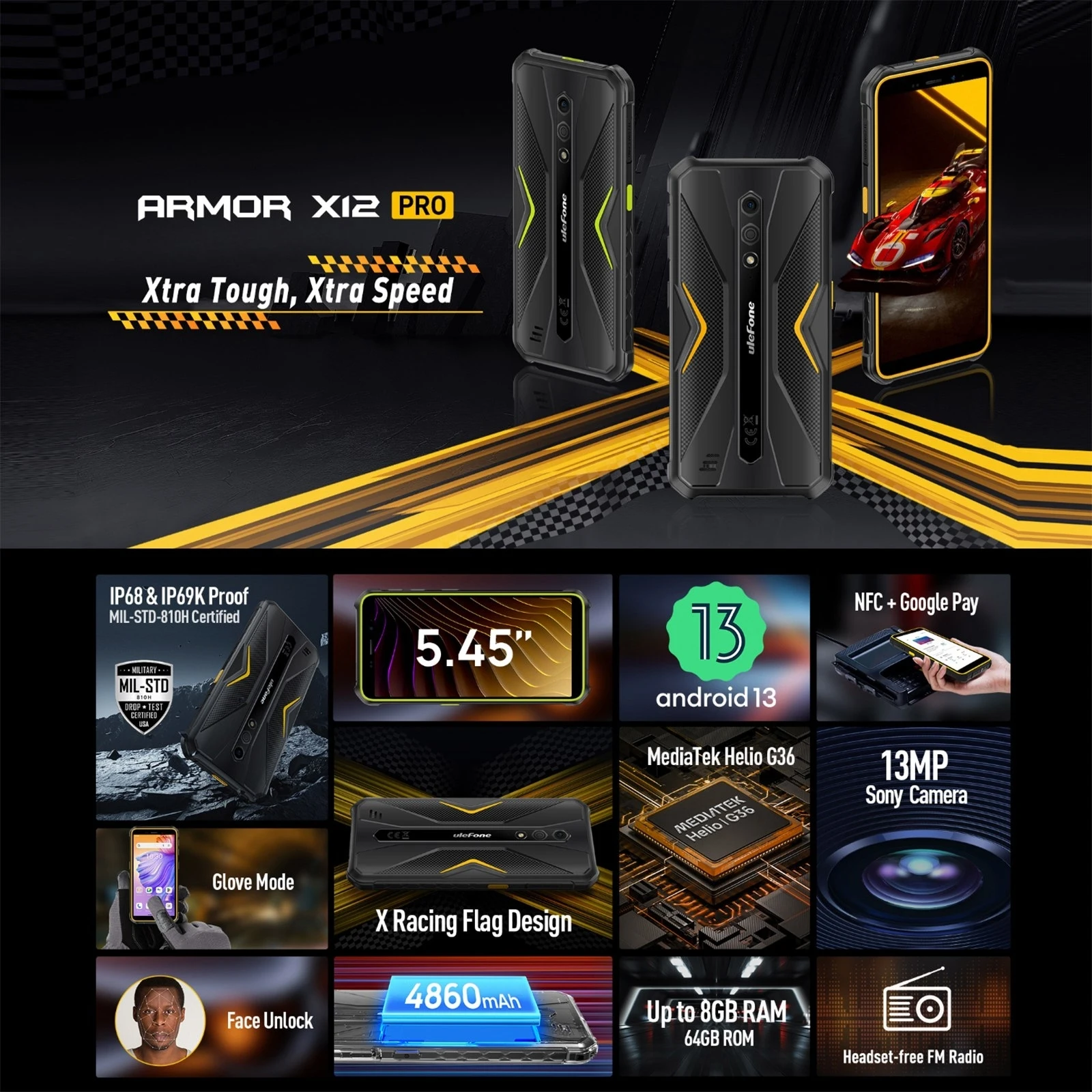 Ulefone Armor X12 Pro Rugged Phone 4GB+64GB 5.45 inch Android 13 MediaTek Helio G36 Octa Core 4G NFC Smartphone Global Version