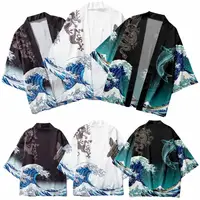 Kimono japonais pour hommes et femmes, carpe ondulée, manteau à motif imprimé 3D, Cardigan Haori traditionnel vert, vêtements de plage noirs japonais 1
