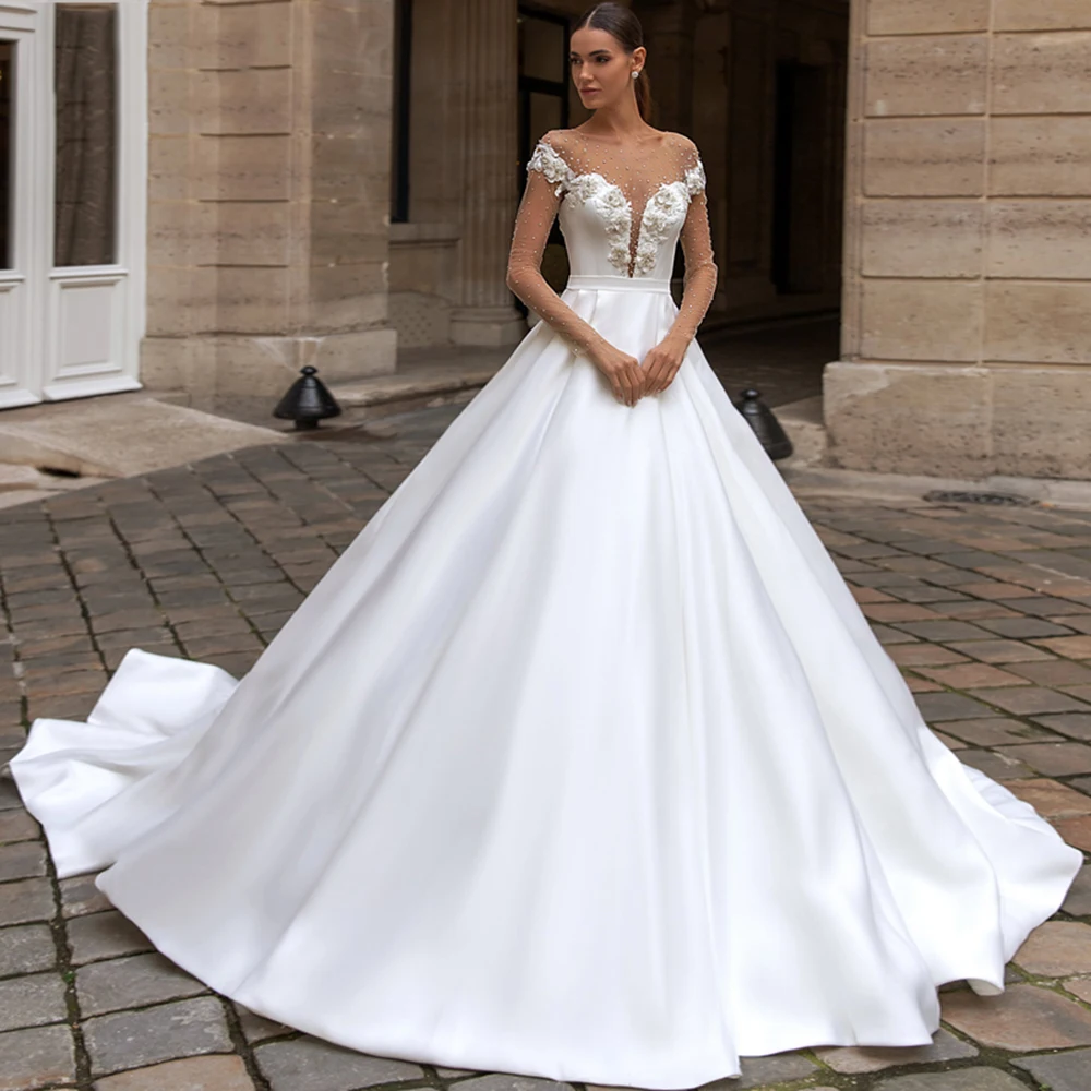 

SoDigne Vintage Dubai Weding Dresses Illusion Beads Lace Appliques 3D Flowers Princess Bridal Gown Satin Party Dress