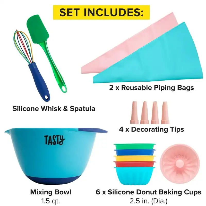 Donut Gadget Set, Includes Mixing Bowl, 6 Silicone Baking Cups, Spatula, 4  Decorating Tips, 2 Reusable Piping Bags, Silicone Whi - AliExpress