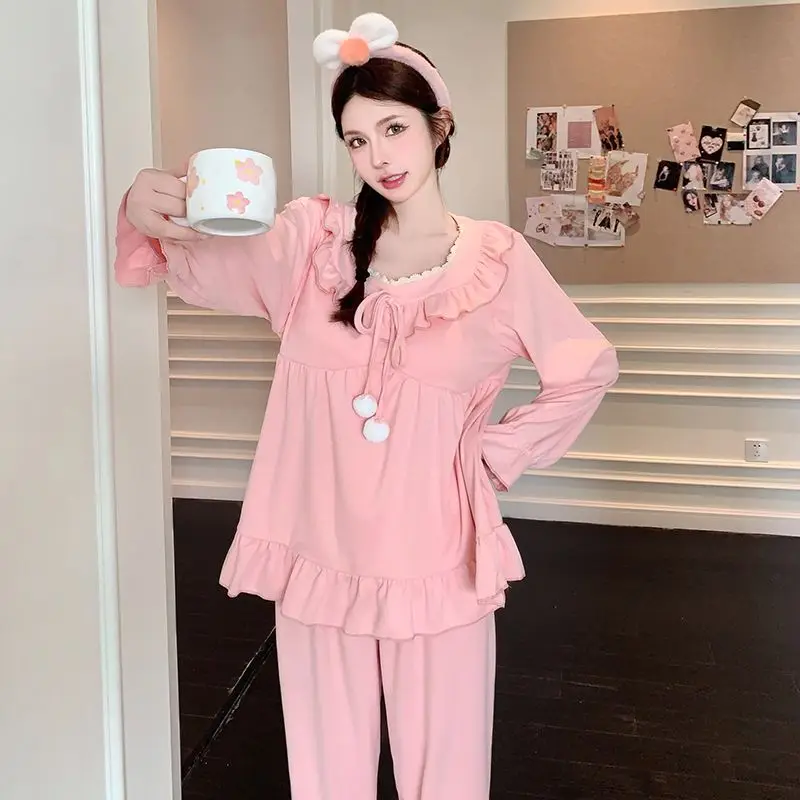 Spring Autumn New Pajamas Women's Sweet Long Sleeve with Chest Pad Home Wear Two-Piece Suit Loose Solid Color Sleepwear Set 2024